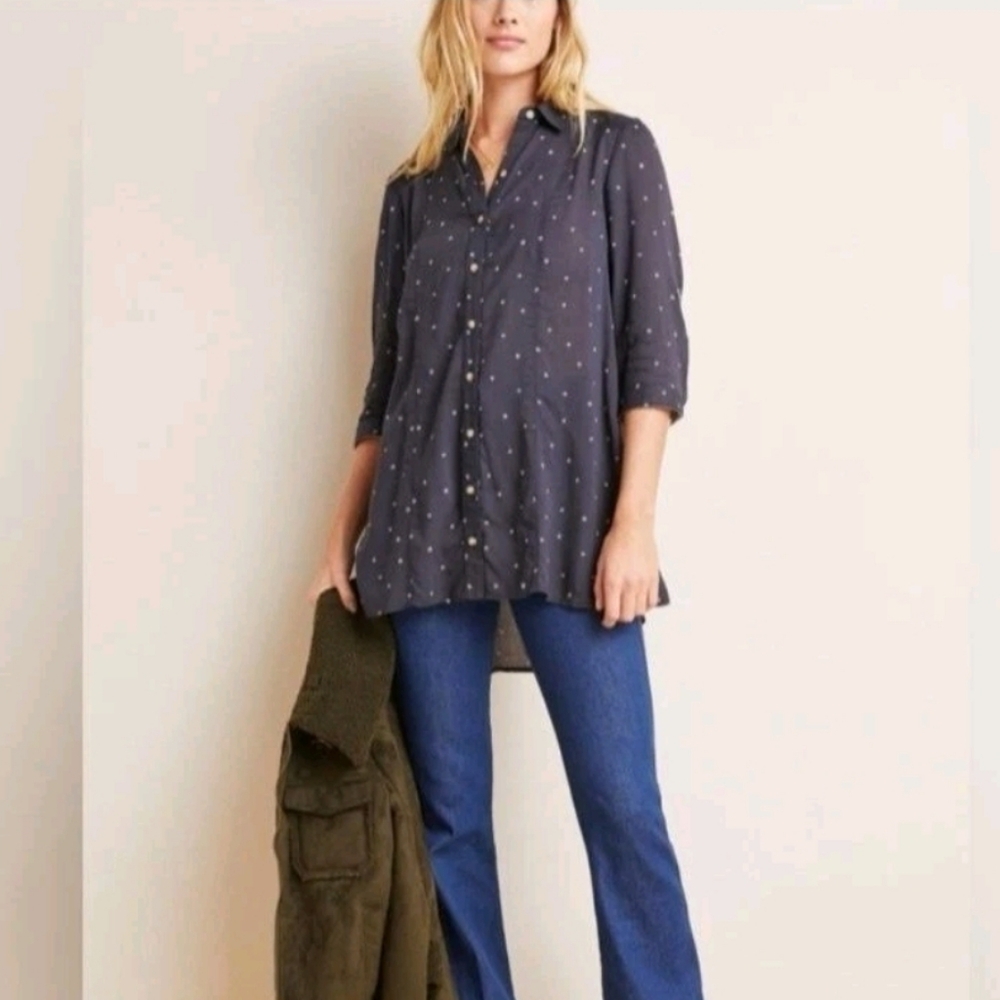 Maeve Anthropologie Monika Navy Dot Tunic Top Shirt Button Down